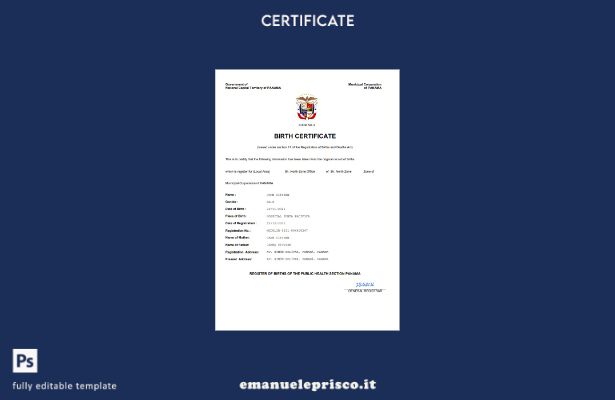 certificato di nascita di Panama in stile verificato modello Word e PDF